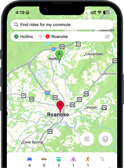 Image of phone application with map of Roanoke VA